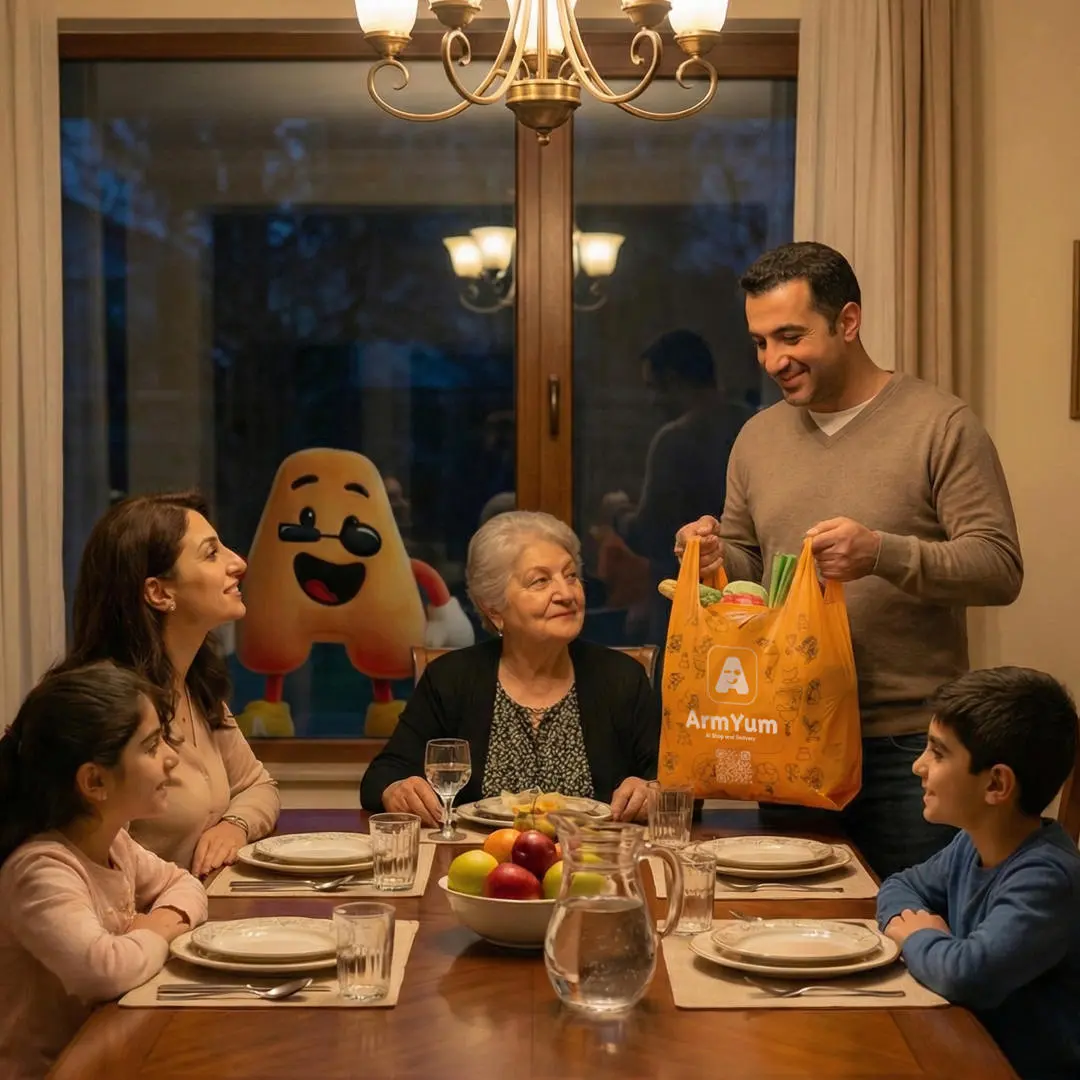 Family enjoying grocery delivery from Olive Fresh Market via ArmYum